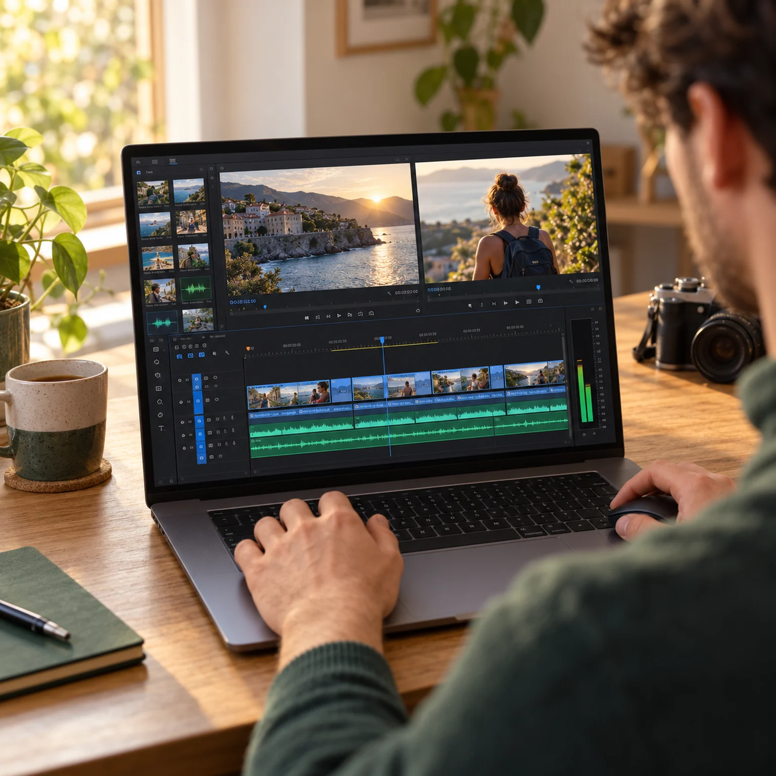Thuis een eigen reisvideo monteren aan een laptop, met beeld- en geluidssporen op de tijdlijn
